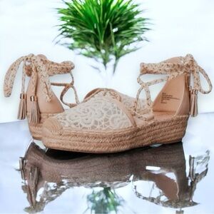 Nanette Lepore Bitsy Cream and Gold Woven Platform Ankle Tie‎ Espadrille